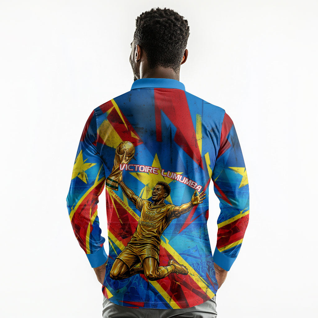 DR Congo Patrice Lumumba Football Victory Long Sleeve Polo Shirt African Pride Leopard And Flag
