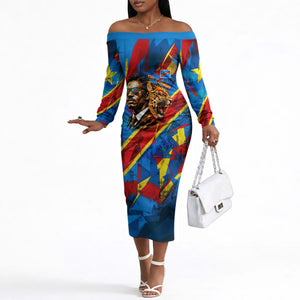 DR Congo Patrice Lumumba Football Victory Off The Shoulder Long Sleeve Dress African Pride Leopard And Flag