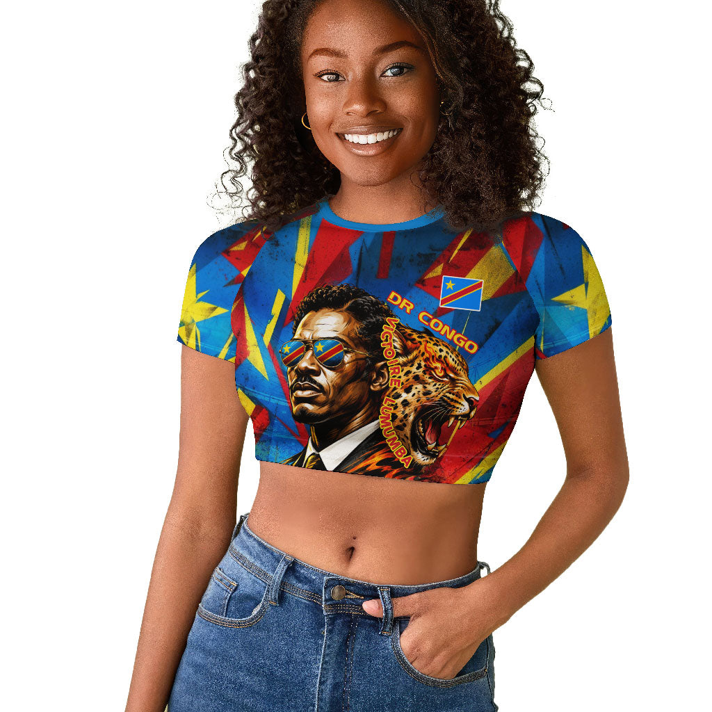 DR Congo Patrice Lumumba Football Victory Raglan Cropped T shirt African Pride Leopard And Flag