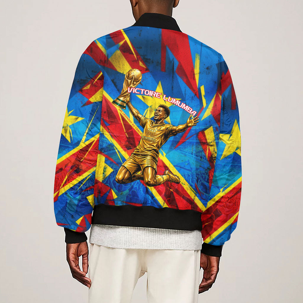 DR Congo Patrice Lumumba Football Victory Sleeve Zip Bomber Jacket African Pride Leopard And Flag