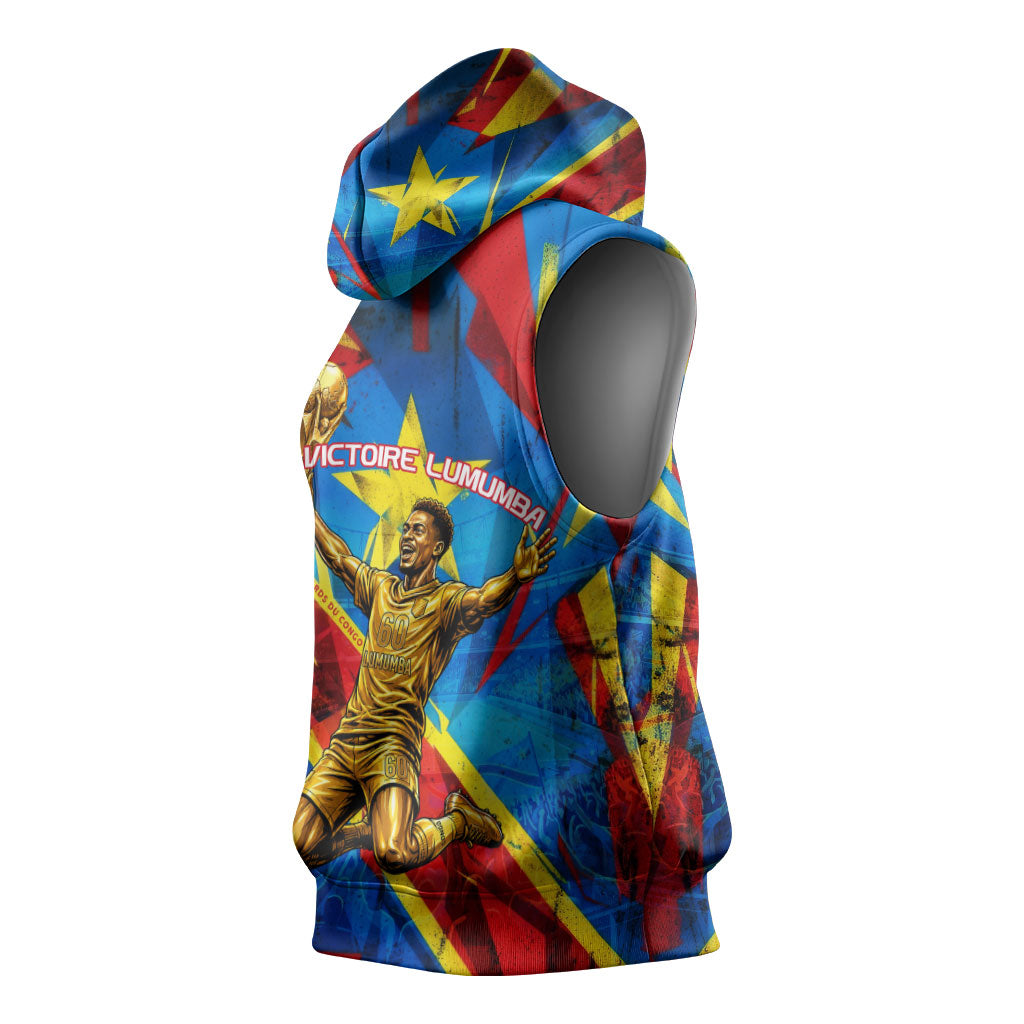 DR Congo Patrice Lumumba Football Victory Sleeveless Hoodie African Pride Leopard And Flag