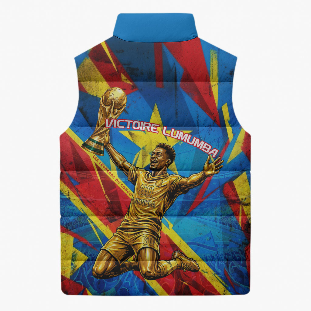 DR Congo Patrice Lumumba Football Victory Sleeveless Puffer Jacket African Pride Leopard And Flag