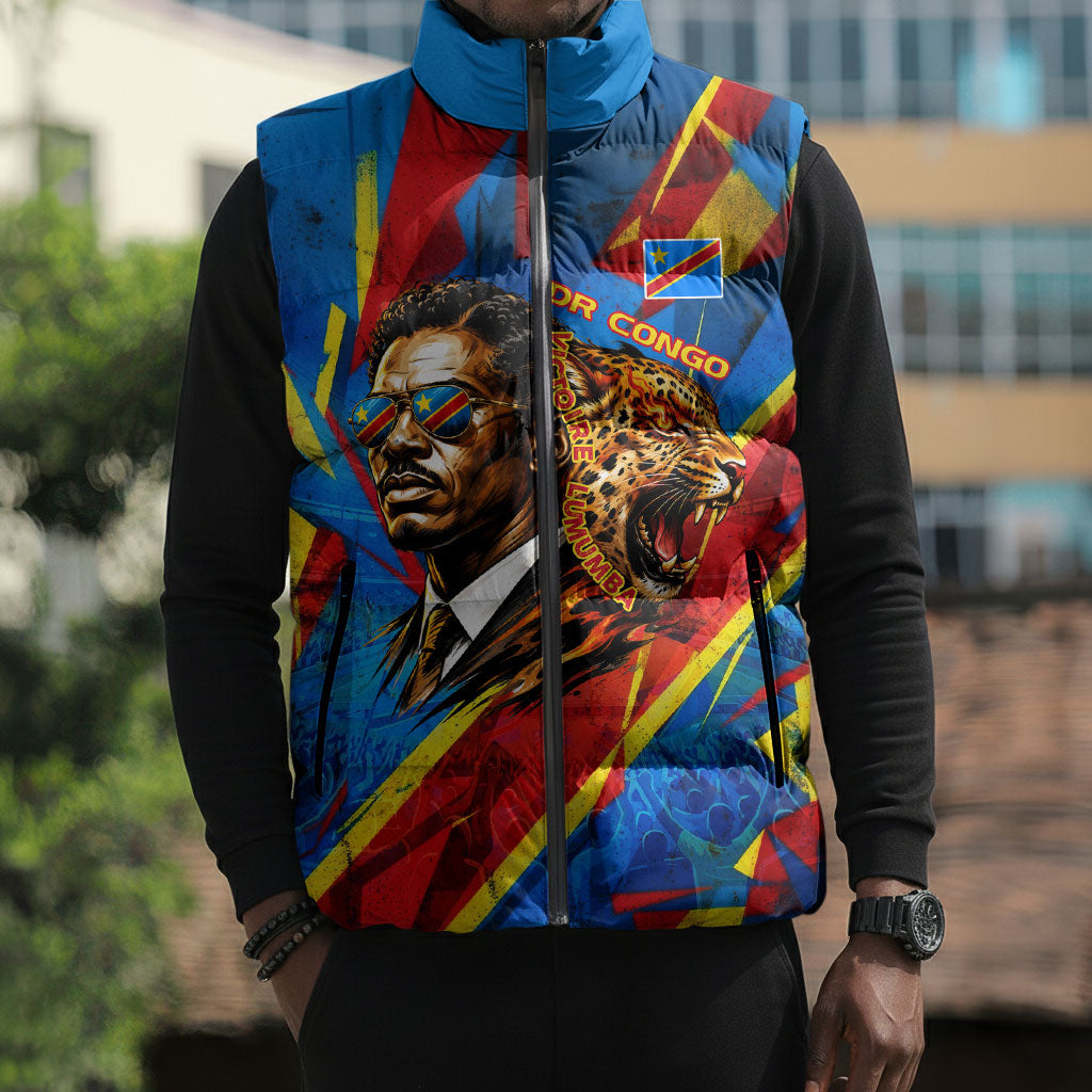 DR Congo Patrice Lumumba Football Victory Sleeveless Puffer Jacket African Pride Leopard And Flag