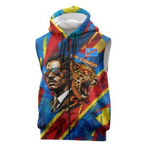 DR Congo Patrice Lumumba Football Victory Sleeveless Zip Hoodie African Pride Leopard And Flag