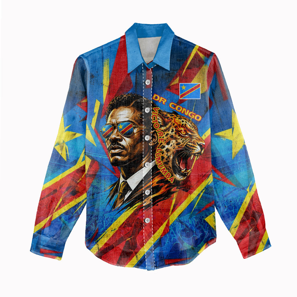 DR Congo Patrice Lumumba Football Victory Women Casual Shirt African Pride Leopard And Flag