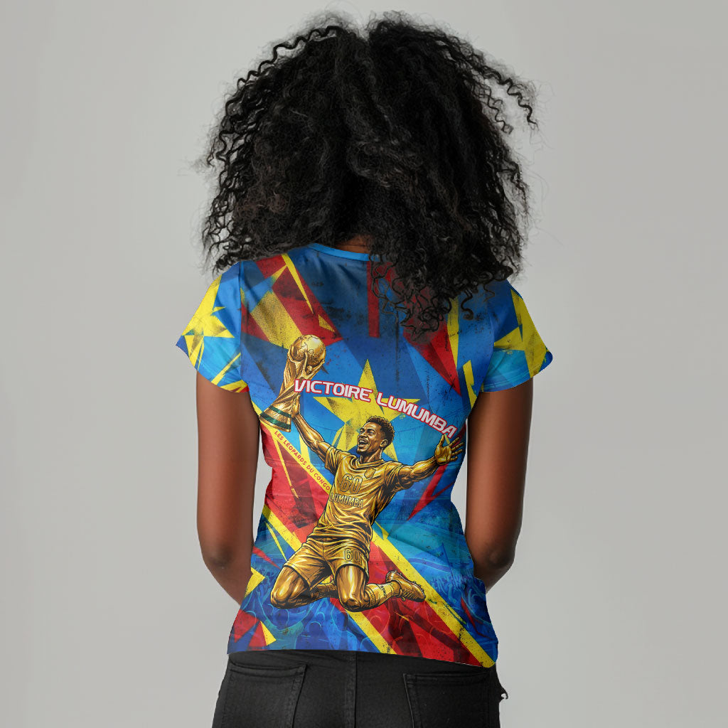 DR Congo Patrice Lumumba Football Victory Women V-Neck T-Shirt African Pride Leopard And Flag