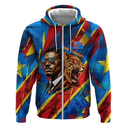 DR Congo Patrice Lumumba Football Victory Zip Hoodie African Pride Leopard And Flag