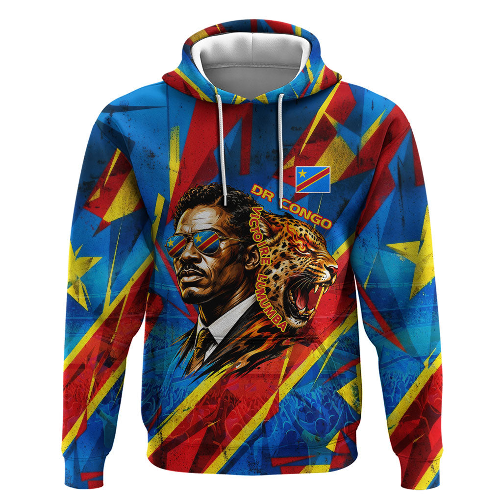 DR Congo Patrice Lumumba Football Victory Zip Hoodie African Pride Leopard And Flag