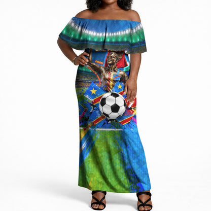DR Congo Patrice Lumumba Off Shoulder Maxi Dress Kinshasa Stadium Flag - King Of Kinshasa Football
