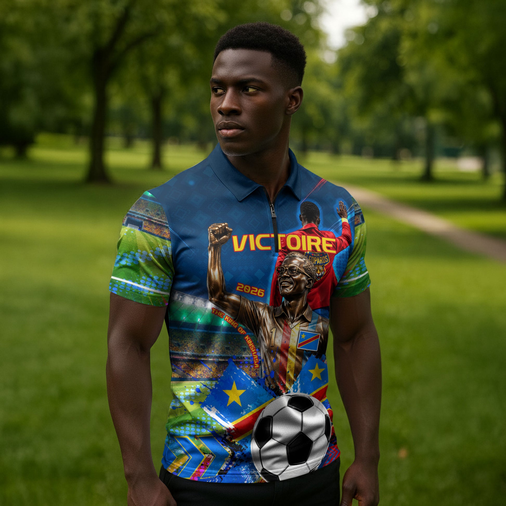 DR Congo Patrice Lumumba Zipper Polo Shirt Kinshasa Stadium Flag - King Of Kinshasa Football