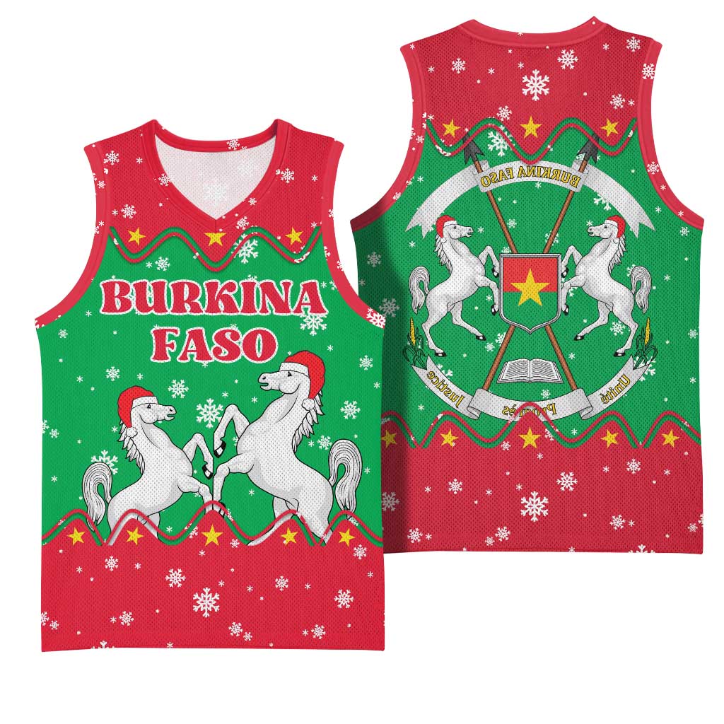 Christmas Burkina Faso Basketball Jersey Snowflake Horses and Coat of Arms - African Pride