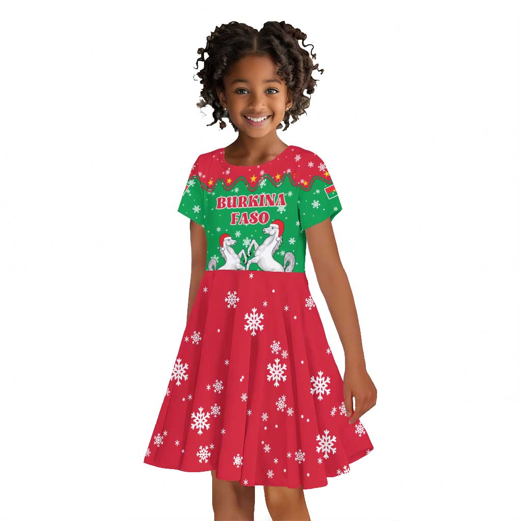 Christmas Burkina Faso Kid Short Sleeve Dress Snowflake Horses and Coat of Arms - African Pride
