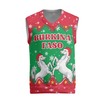 Christmas Burkina Faso Christmas Knitted V-Neck Vest Snowflake Horses and Coat of Arms - African Pride