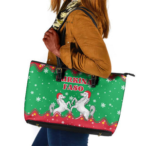 Christmas Burkina Faso Leather Tote Bag Snowflake Horses and Coat of Arms - African Pride