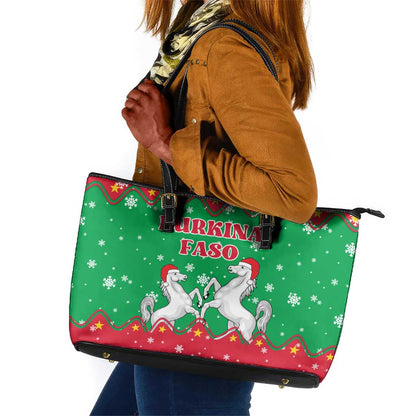 Christmas Burkina Faso Leather Tote Bag Snowflake Horses and Coat of Arms - African Pride