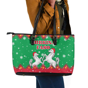 Christmas Burkina Faso Leather Tote Bag Snowflake Horses and Coat of Arms - African Pride