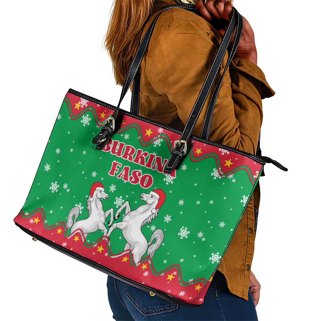 Christmas Burkina Faso Leather Tote Bag Snowflake Horses and Coat of Arms - African Pride