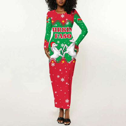 Christmas Burkina Faso Long Sleeve Bodycon Dress Snowflake Horses and Coat of Arms - African Pride