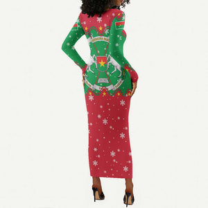 Christmas Burkina Faso Long Sleeve Bodycon Dress Snowflake Horses and Coat of Arms - African Pride