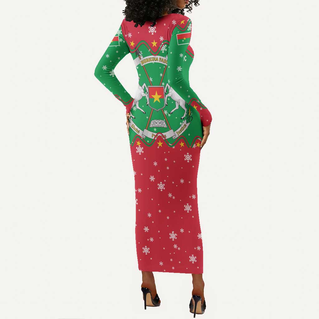 Christmas Burkina Faso Long Sleeve Bodycon Dress Snowflake Horses and Coat of Arms - African Pride
