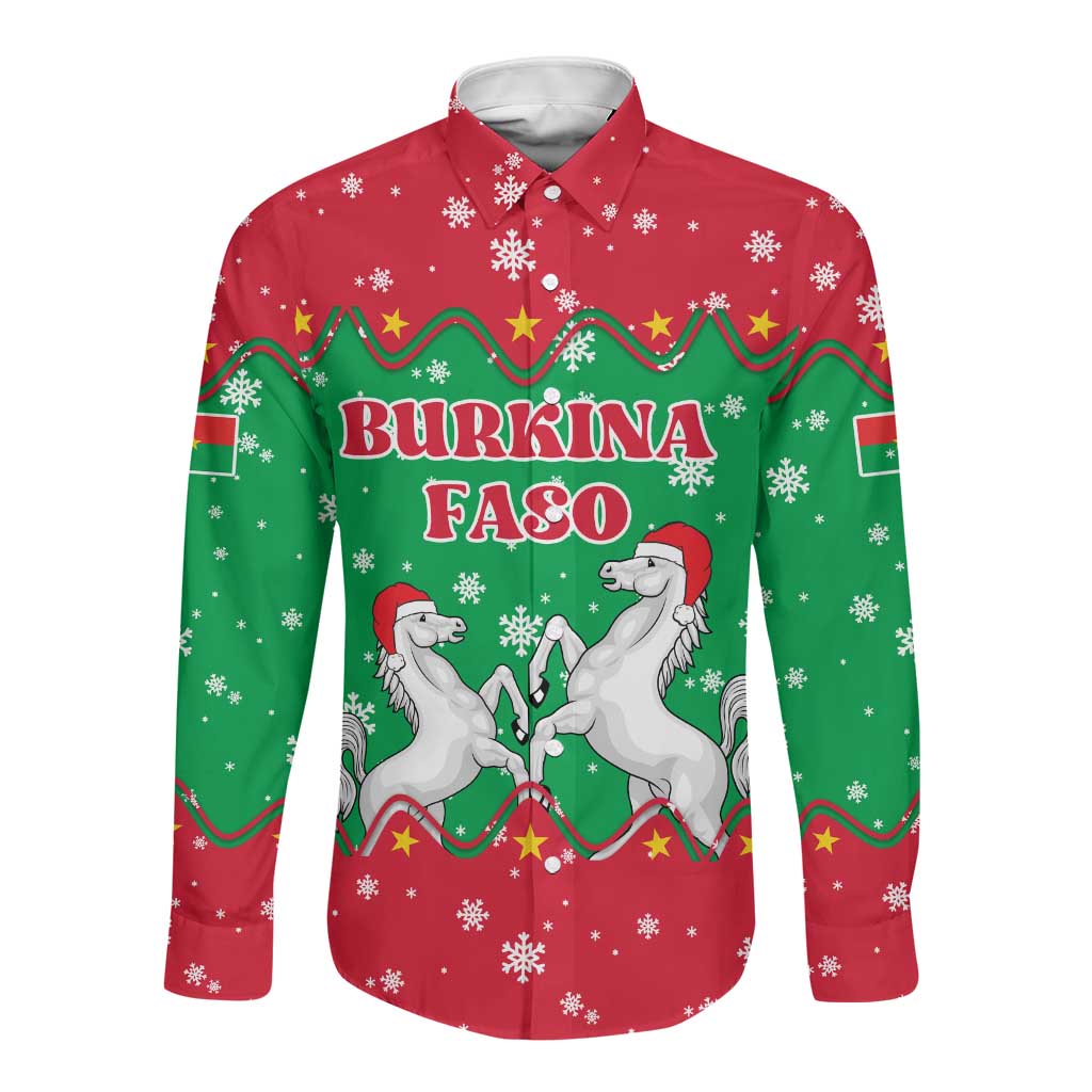 Christmas Burkina Faso Long Sleeve Button Shirt Snowflake Horses and Coat of Arms - African Pride
