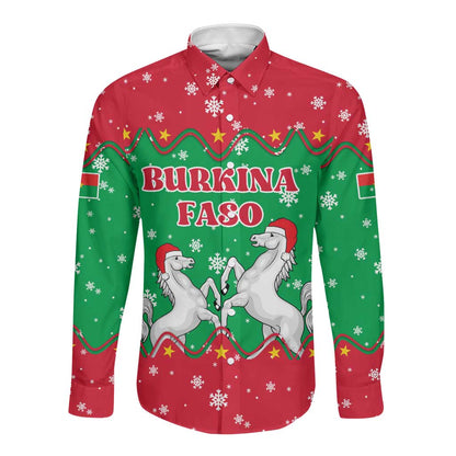 Christmas Burkina Faso Long Sleeve Button Shirt Snowflake Horses and Coat of Arms - African Pride