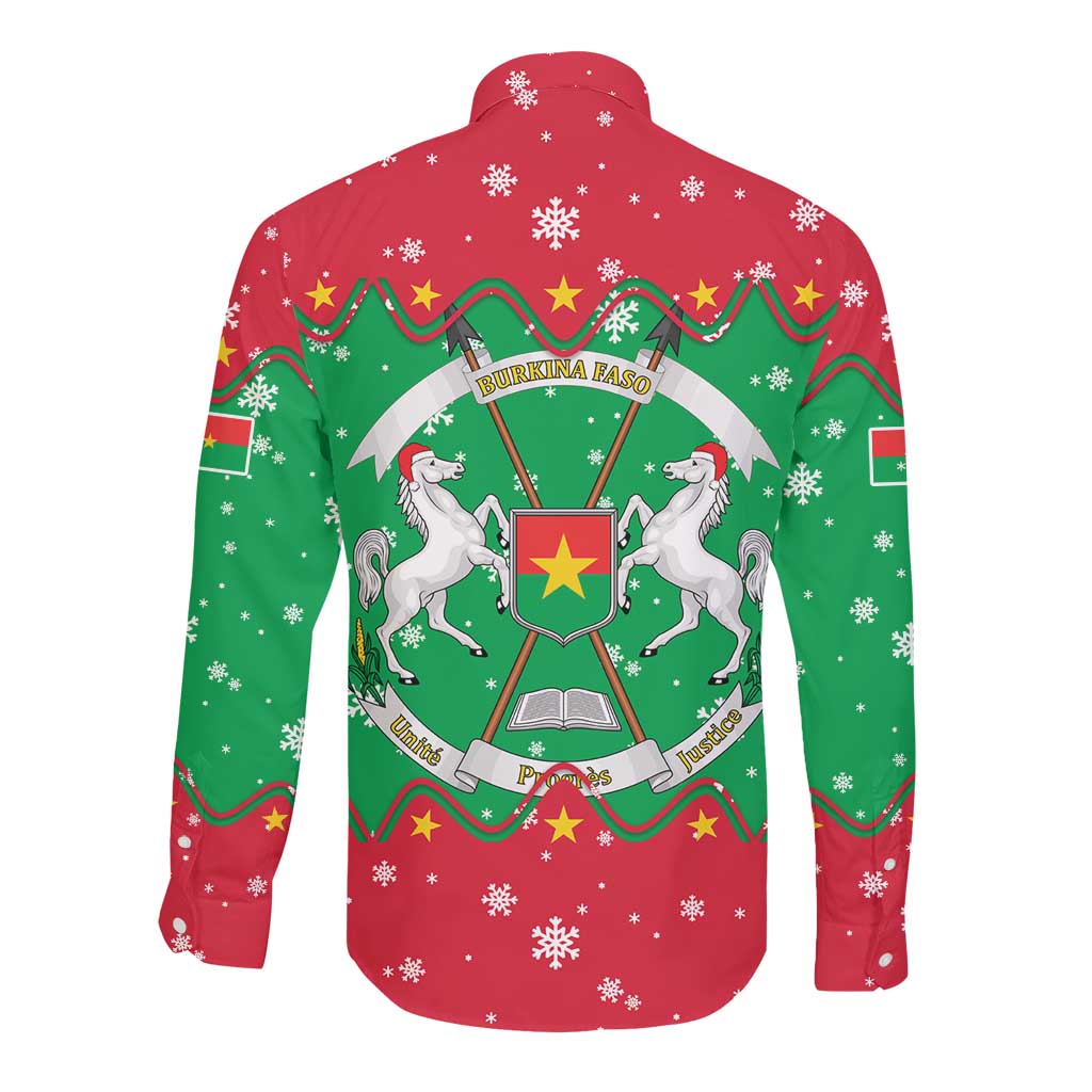 Christmas Burkina Faso Long Sleeve Button Shirt Snowflake Horses and Coat of Arms - African Pride