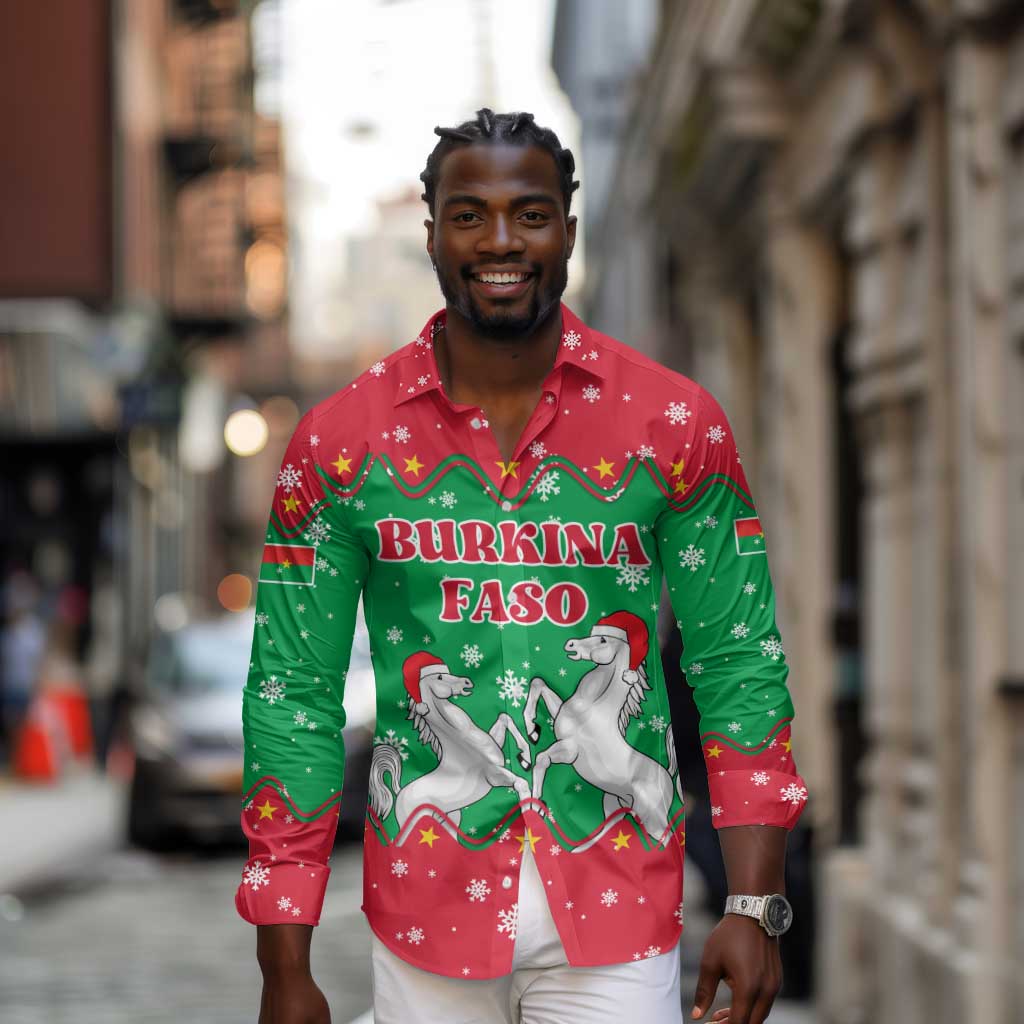 Christmas Burkina Faso Long Sleeve Button Shirt Snowflake Horses and Coat of Arms - African Pride
