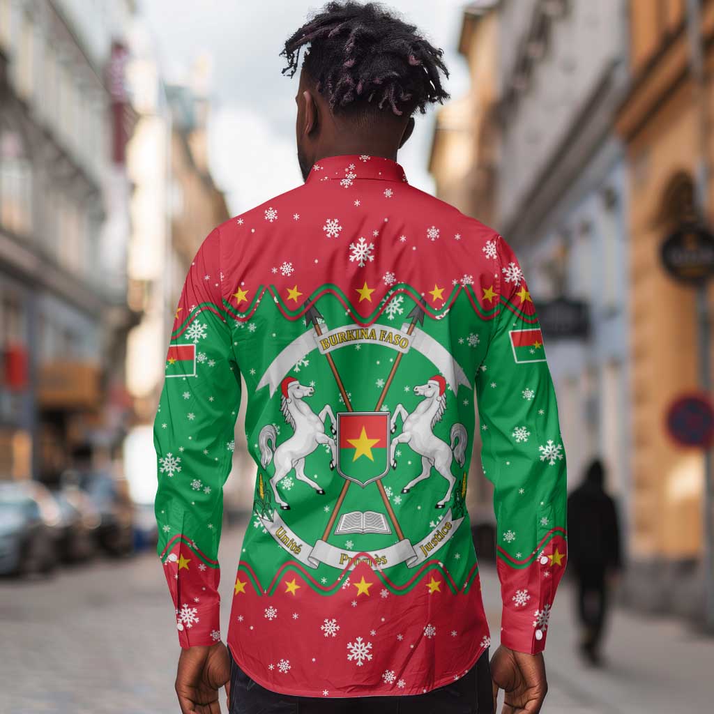 Christmas Burkina Faso Long Sleeve Button Shirt Snowflake Horses and Coat of Arms - African Pride