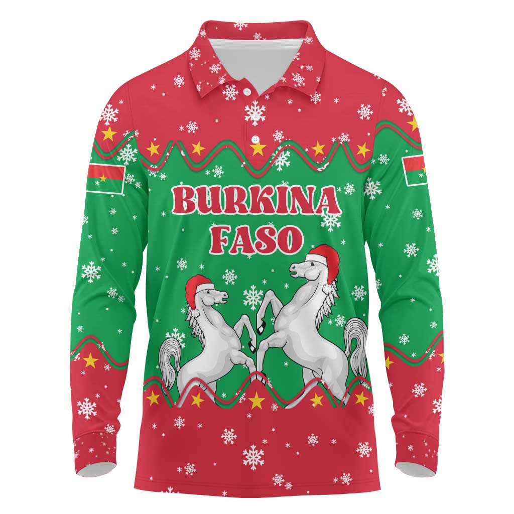 Christmas Burkina Faso Long Sleeve Polo Shirt Snowflake Horses and Coat of Arms - African Pride