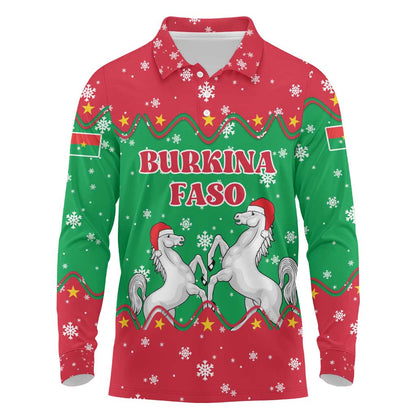 Christmas Burkina Faso Long Sleeve Polo Shirt Snowflake Horses and Coat of Arms - African Pride