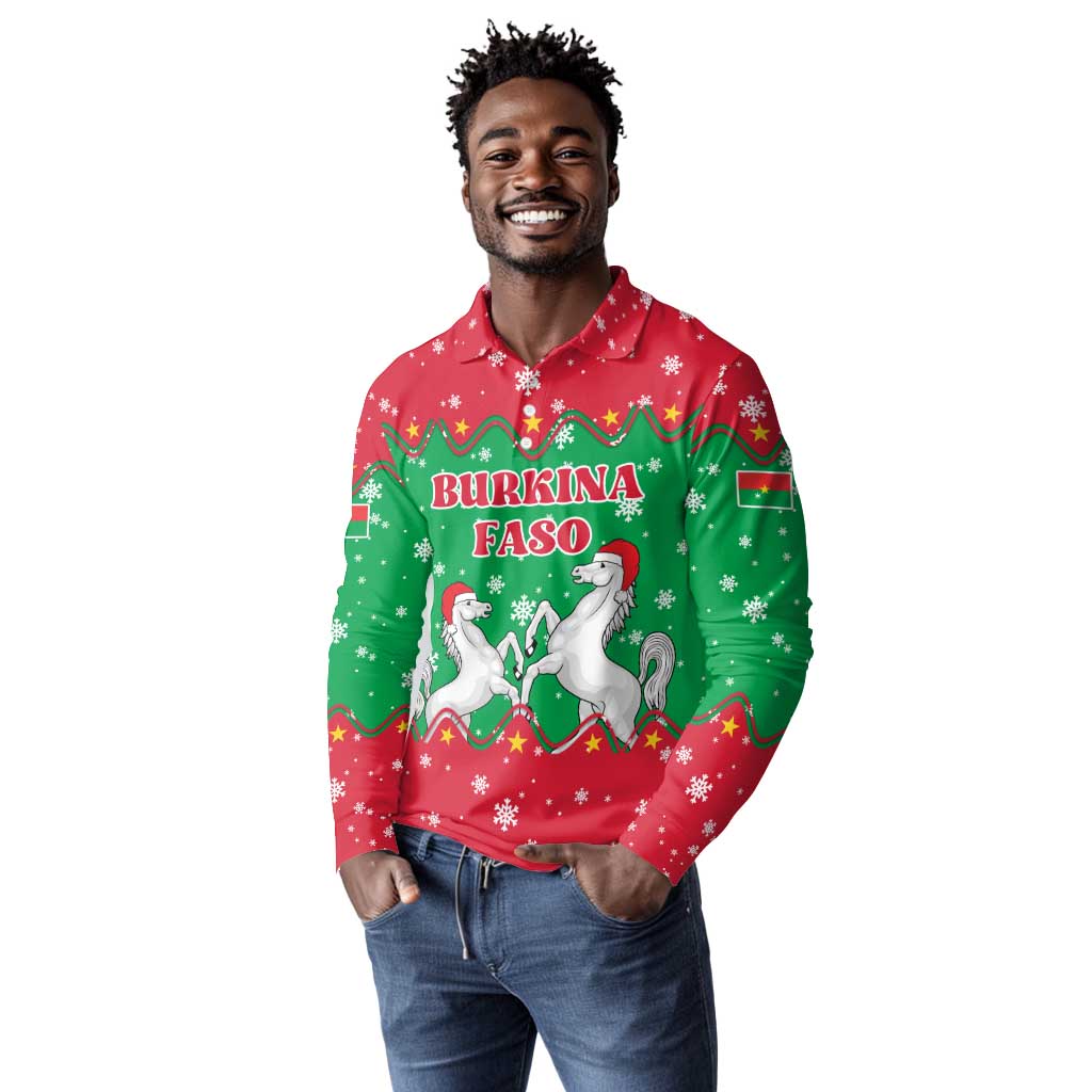 Christmas Burkina Faso Long Sleeve Polo Shirt Snowflake Horses and Coat of Arms - African Pride