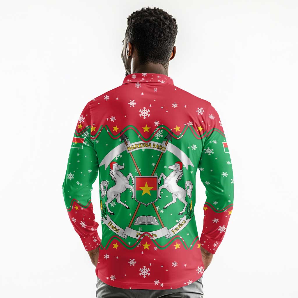 Christmas Burkina Faso Long Sleeve Polo Shirt Snowflake Horses and Coat of Arms - African Pride
