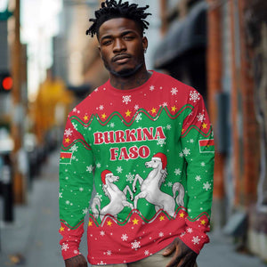 Christmas Burkina Faso Long Sleeve Shirt Snowflake Horses and Coat of Arms - African Pride