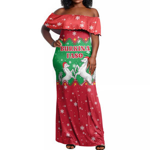 Christmas Burkina Faso Off Shoulder Maxi Dress Snowflake Horses and Coat of Arms - African Pride
