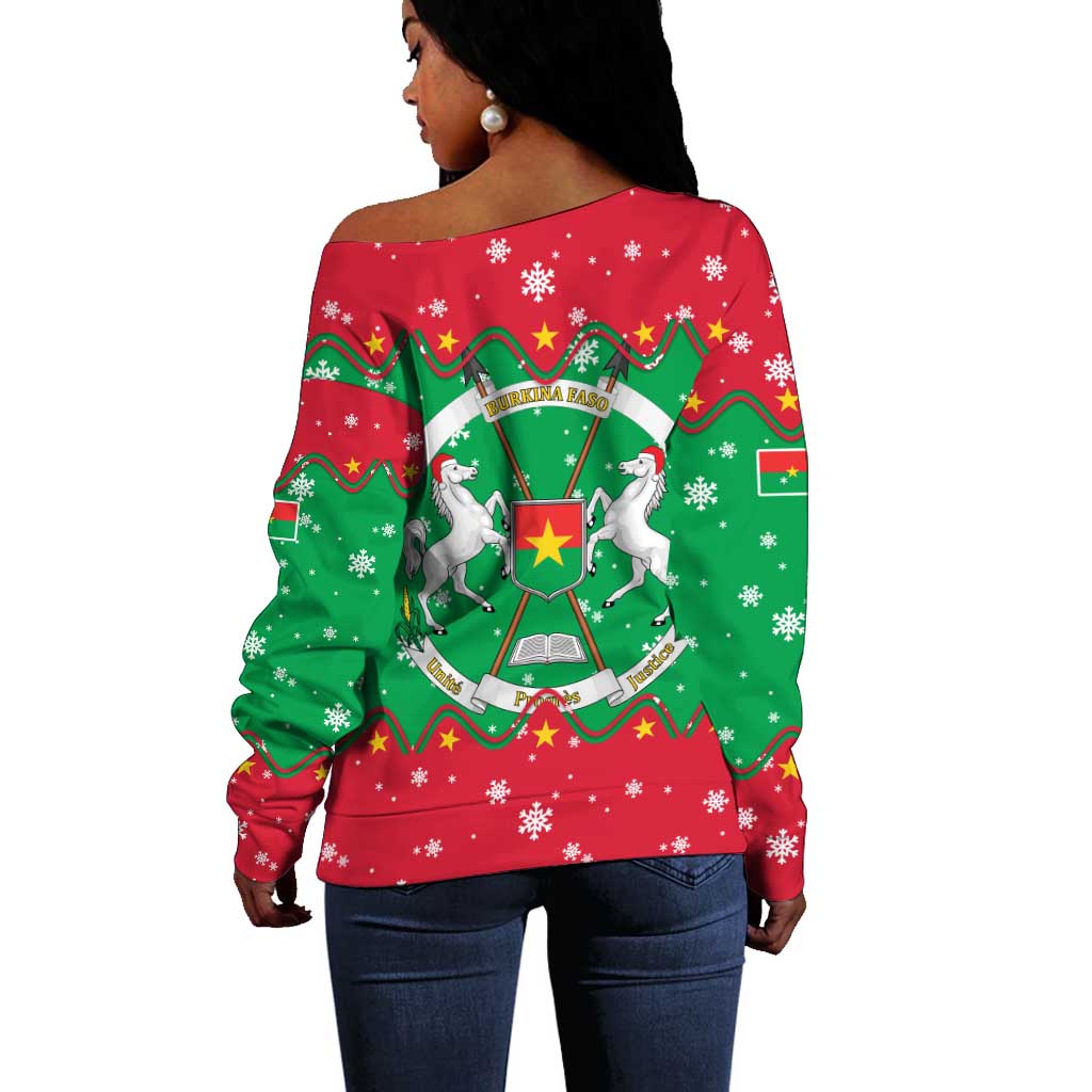 Christmas Burkina Faso Off Shoulder Sweater Snowflake Horses and Coat of Arms - African Pride