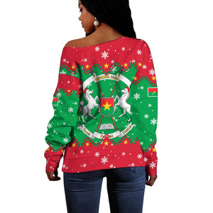 Christmas Burkina Faso Off Shoulder Sweater Snowflake Horses and Coat of Arms - African Pride
