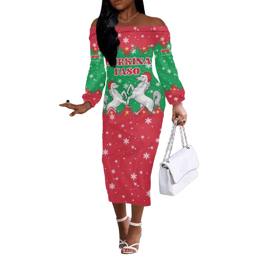 Christmas Burkina Faso Off The Shoulder Long Sleeve Dress Snowflake Horses and Coat of Arms - African Pride