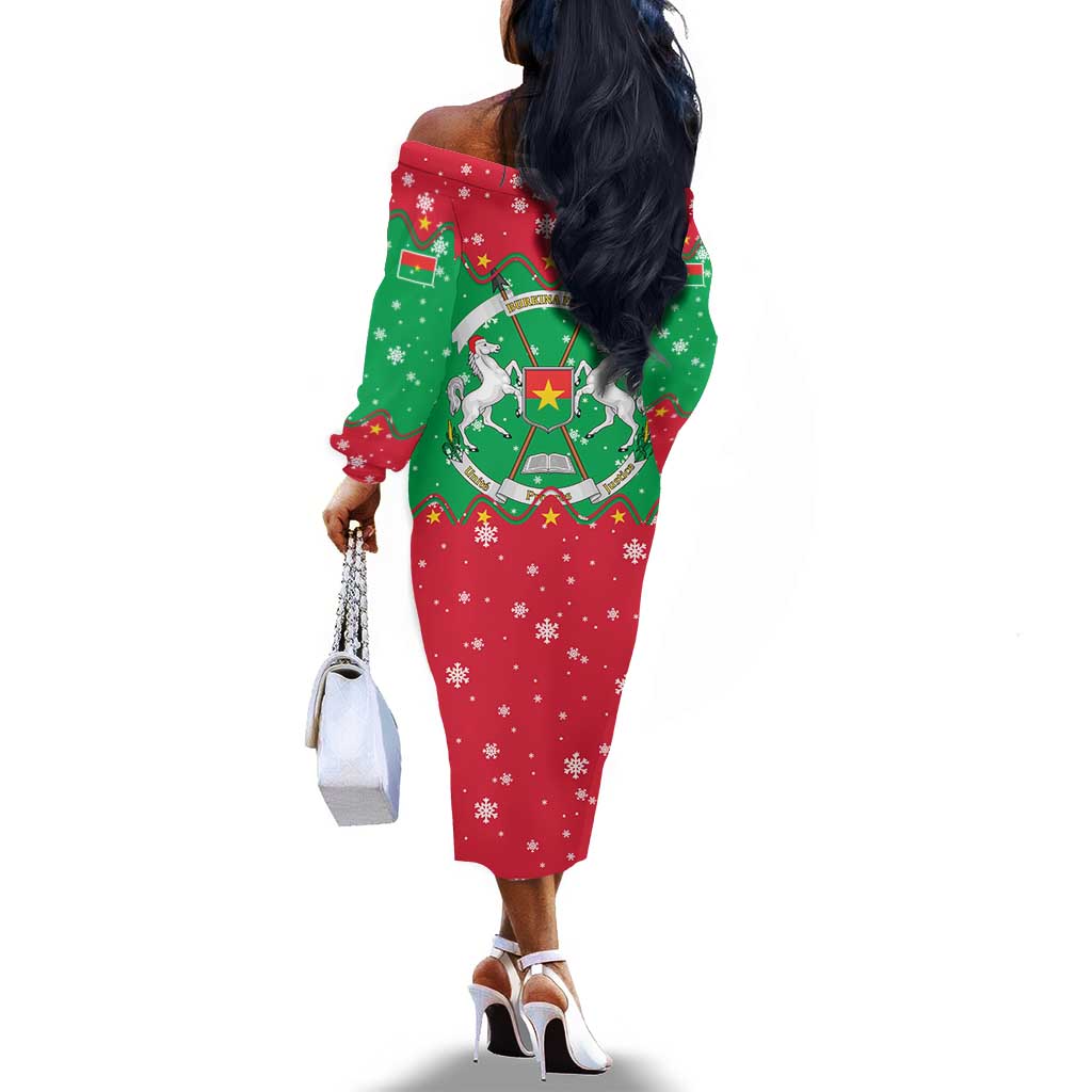 Christmas Burkina Faso Off The Shoulder Long Sleeve Dress Snowflake Horses and Coat of Arms - African Pride
