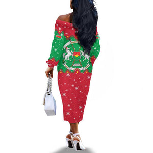 Christmas Burkina Faso Off The Shoulder Long Sleeve Dress Snowflake Horses and Coat of Arms - African Pride