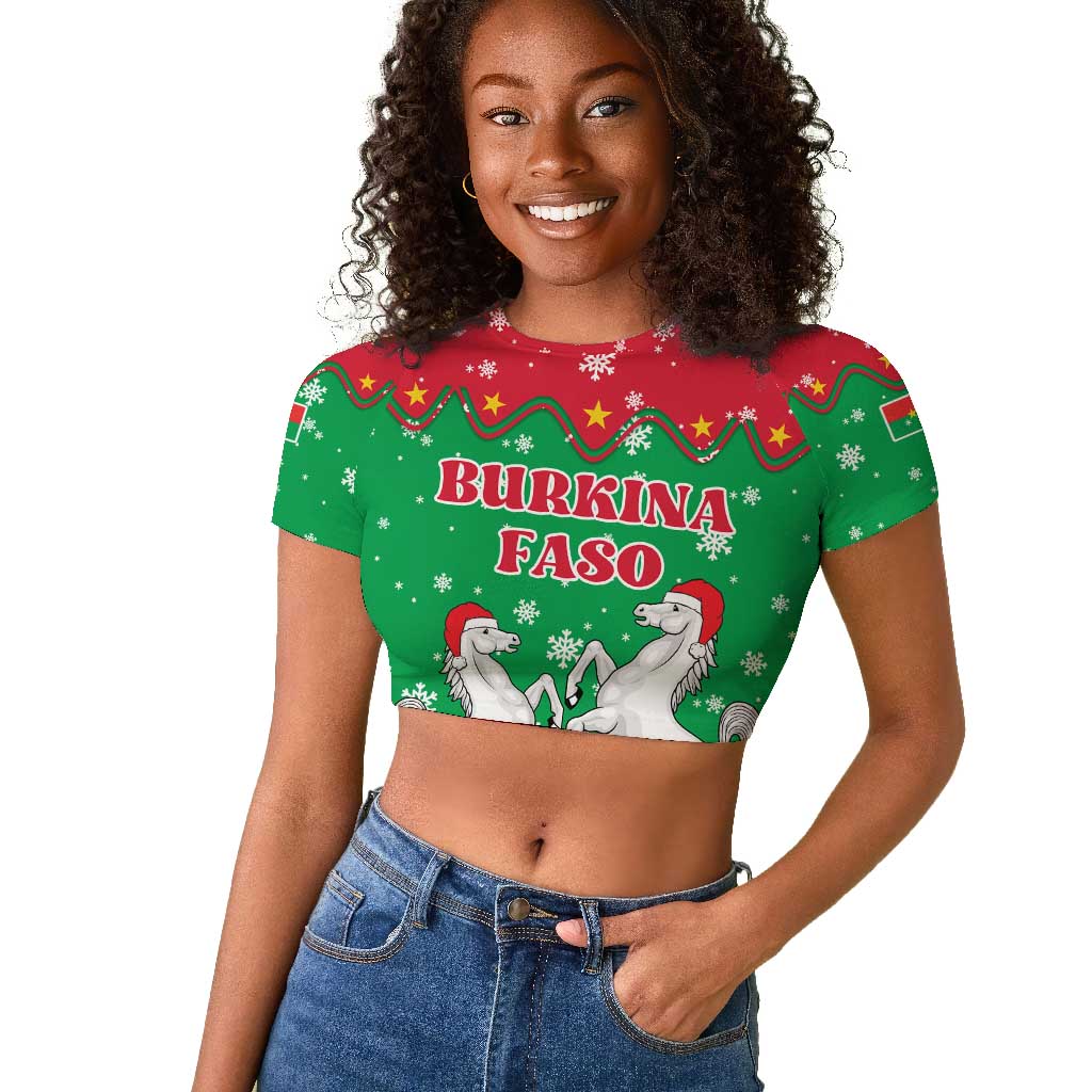 Christmas Burkina Faso Raglan Cropped T shirt Snowflake Horses and Coat of Arms - African Pride