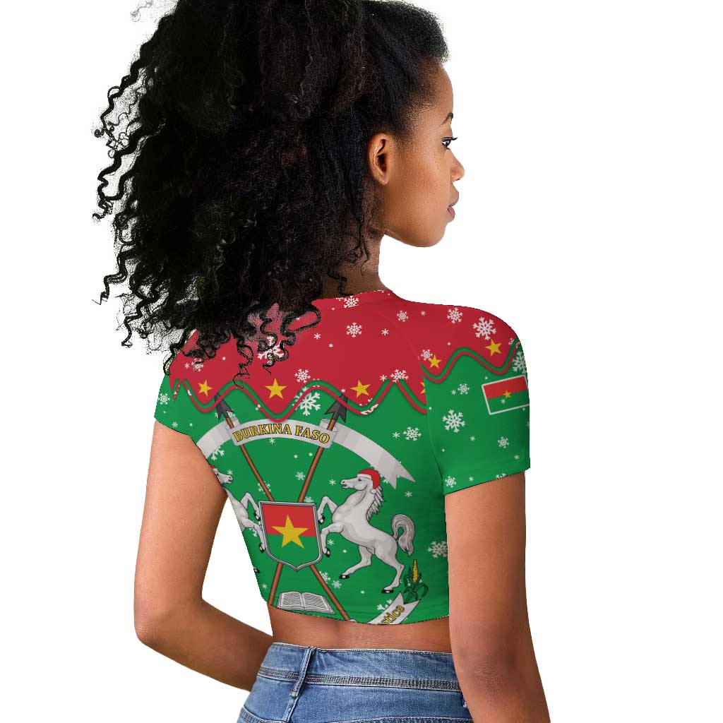 Christmas Burkina Faso Raglan Cropped T shirt Snowflake Horses and Coat of Arms - African Pride