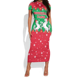 Christmas Burkina Faso Short Sleeve Bodycon Dress Snowflake Horses and Coat of Arms - African Pride
