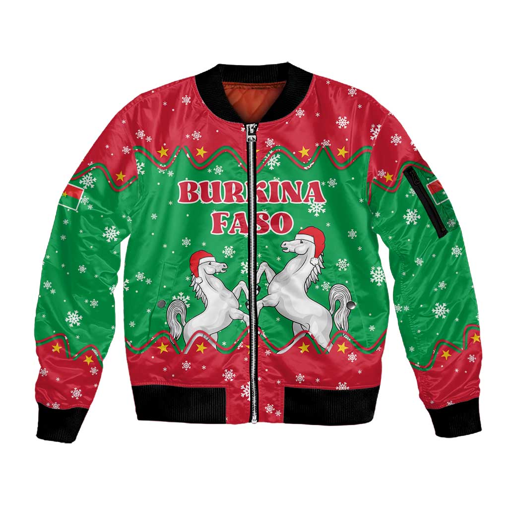 Christmas Burkina Faso Sleeve Zip Bomber Jacket Snowflake Horses and Coat of Arms - African Pride
