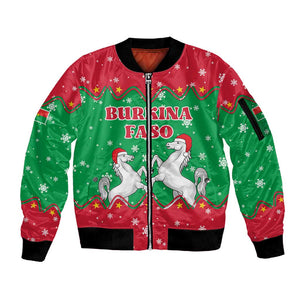 Christmas Burkina Faso Sleeve Zip Bomber Jacket Snowflake Horses and Coat of Arms - African Pride