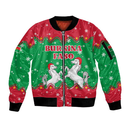 Christmas Burkina Faso Sleeve Zip Bomber Jacket Snowflake Horses and Coat of Arms - African Pride