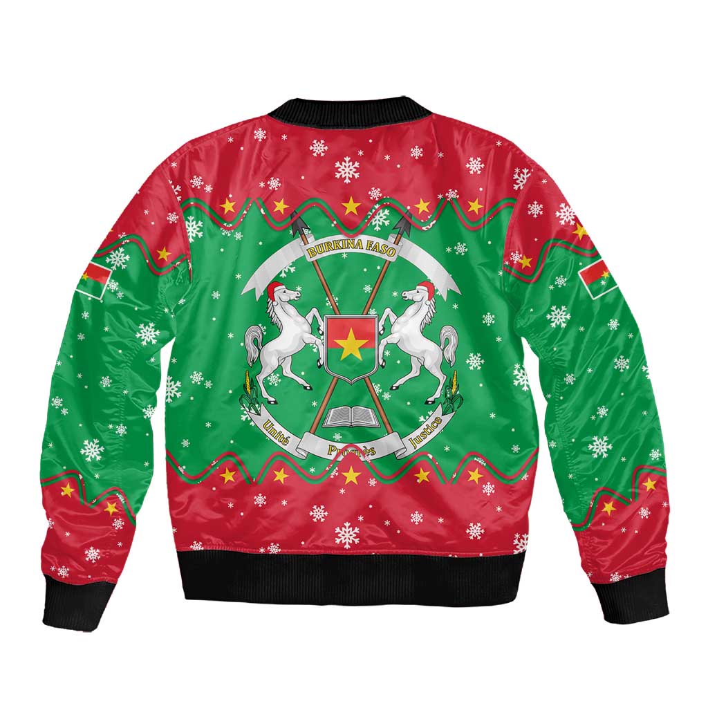 Christmas Burkina Faso Sleeve Zip Bomber Jacket Snowflake Horses and Coat of Arms - African Pride