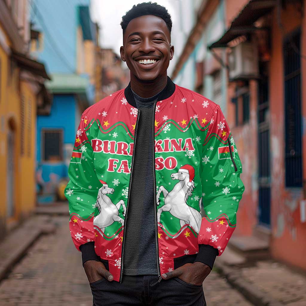 Christmas Burkina Faso Sleeve Zip Bomber Jacket Snowflake Horses and Coat of Arms - African Pride