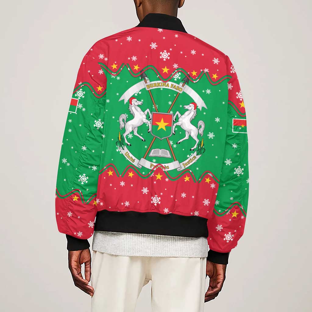 Christmas Burkina Faso Sleeve Zip Bomber Jacket Snowflake Horses and Coat of Arms - African Pride