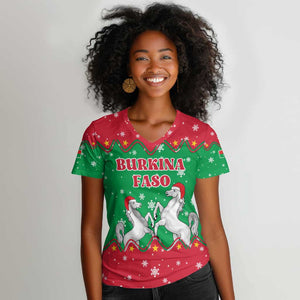 Christmas Burkina Faso Women V-Neck T-Shirt Snowflake Horses and Coat of Arms - African Pride
